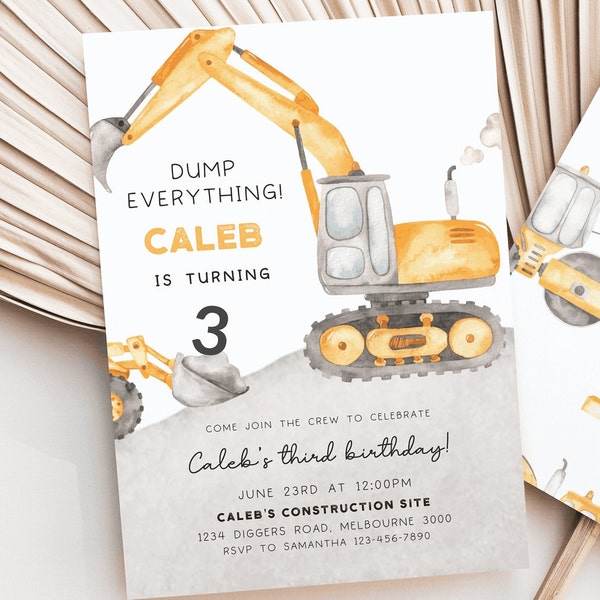 Construction 3rd Birthday Invitation, Editable Template, Excavator Truck Party Invite, Digger Truck Party Third B'day, Digital Download