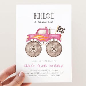 Pink Monster Truck Birthday Invitation, Editable Girly Racing Truck Invite, Minimalist Cute Pink Monster Truck B&#39;day Party, Digital Download