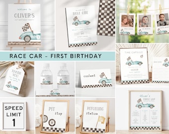 Race Car 1st Birthday Invitation Bundle, Editable Racing First Bday Invite + Decor, Fast ONE B'day Essentials, Vintage Blue Car Party Decor