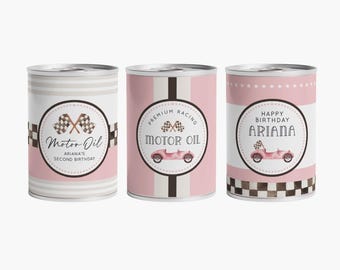 Confezione rosa per lattina di olio motore da corsa, etichette decorative modificabili per lattine di olio motore vintage, festa di compleanno con auto da corsa Two Fast Girl, download digitale