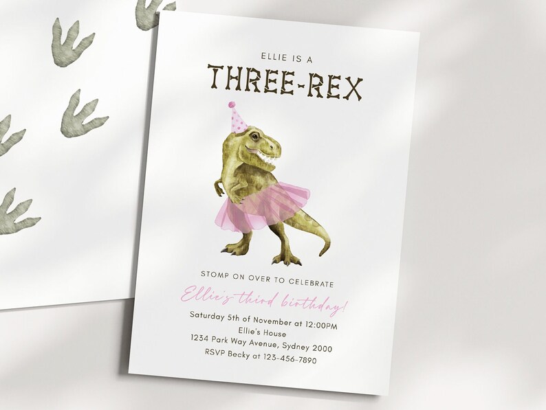 Dinosaur & Tutu Birthday Invitation Editable Template Pink Etsy