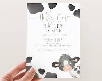 Editable Holy Cow I'm ONE Invitation, Cow 1st Birthday Party, Gender Neutral Cow Themed B'day Invite, Boho Cow Invitation, Digital Download