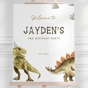 Placa de boas-vindas de dinossauro, Placa de aniversário de dinossauro editável, Cartaz de boas-vindas de aniversário de T-Rex, Decoração de festa de aniversário de dinossauro, Download digital