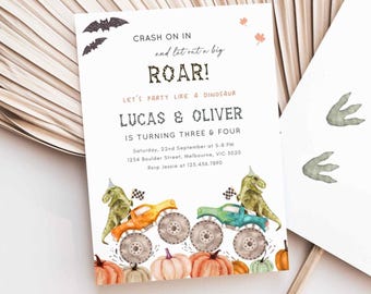 Halloween Monster Truck & Pumpkins Joint Birthday Invitation, Editable Joint Siblings Party Invite, Brothers Racing Invite, Digital Download