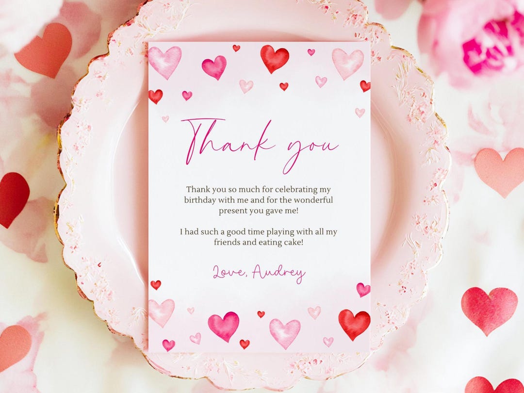 Sweetheart Birthday Thank You Card, Editable Valentine's Day Themed ...