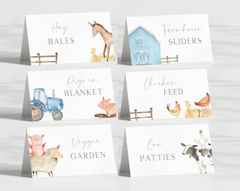 Tende per alimenti per animali da fienile blu, etichette alimentari per compleanno da cortile modificabili, decorazione da tavolo per feste con animali da fattoria minimalista, download digitale