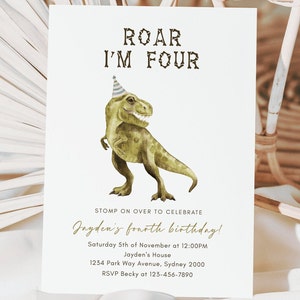 Roar I'm QUATTRO invito di compleanno, modello modificabile, invito per il quarto compleanno di DinosaurT-Rex, festa di compleanno minimalista Dino, download digitale