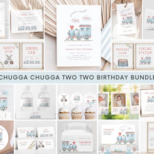 Chugga Chugga Two Two Birthday Invitation Bundle, Editable Blue Train Invite Package, Train 2nd B'day Party Signs Decor, Digital Download image 1