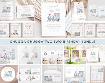 Chugga Chugga Two Two Birthday Invitation Bundle, Editable Blue Train Invite Package, Train 2nd B'day Party Signs Decor, Digital Download