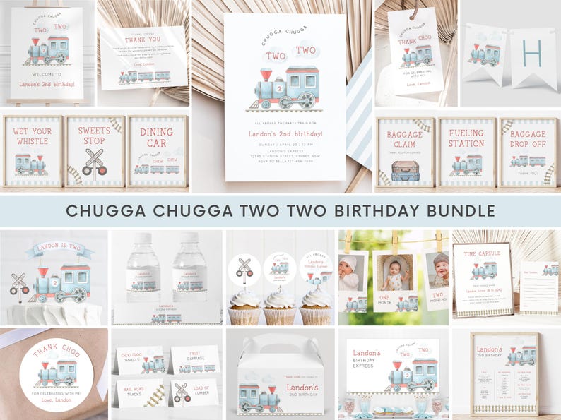 Chugga Chugga Two Two Birthday Invitation Bundle, Editable Blue Train Invite Package, Train 2nd B'day Party Signs Decor, Digital Download image 1