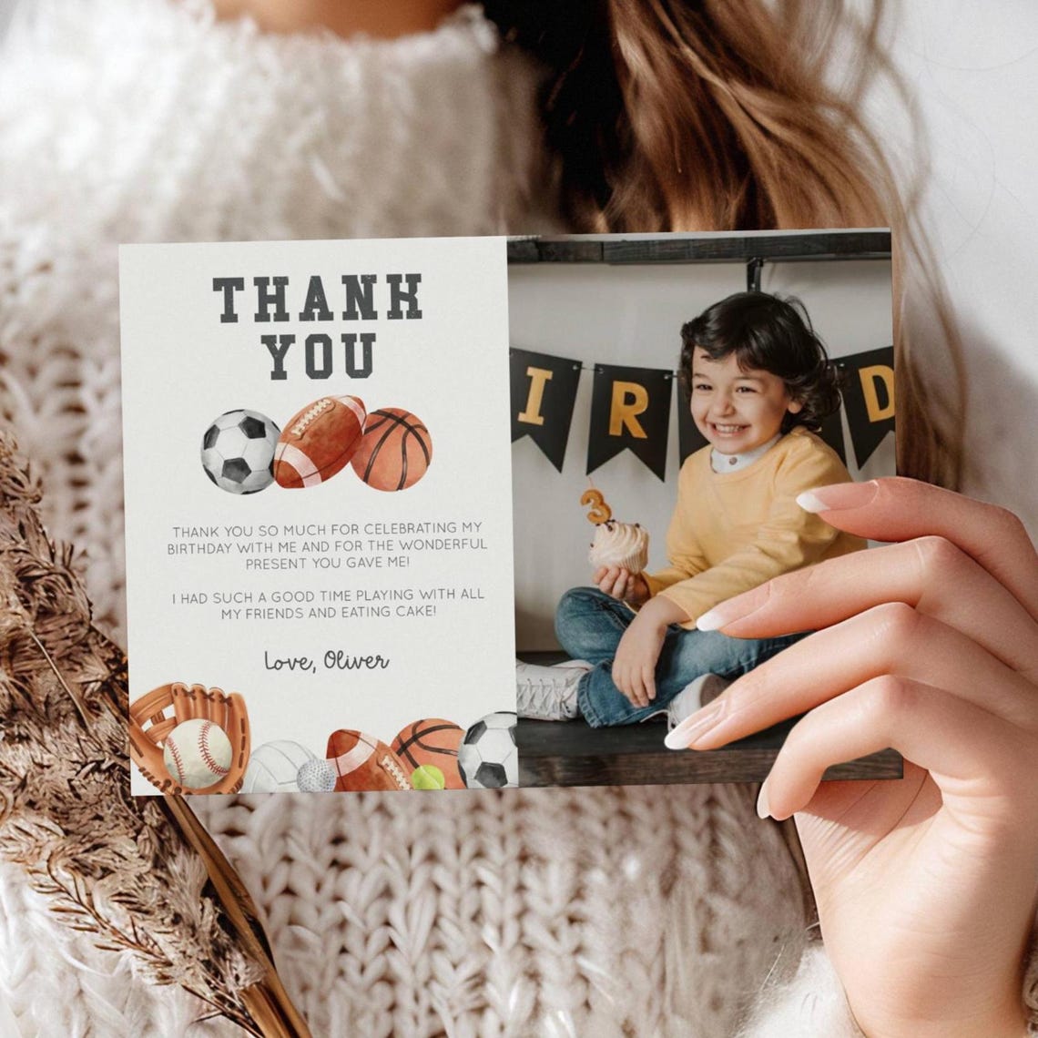 Editable Sports Birthday Thank You Photo Card, Ball B'day Favor Card ...