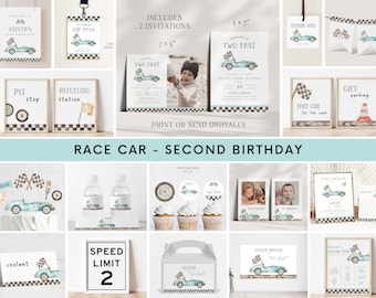Growing Up TWO Fast Birthday Invitation Bundle, Editable Boy 2nd B'day Invite Package, Vintage Blue Racing Decor Signs, Two Fast Car Bundle