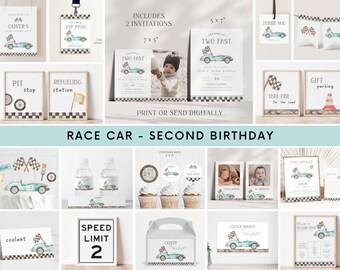 Growing Up TWO Fast Birthday Invitation Bundle, Editable Boy 2nd B'day Invite Package, Vintage Blue Racing Decor Signs, Two Fast Car Bundle