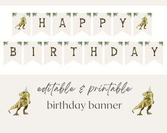 Estandarte de feliz cumpleaños de dinosaurio, estandarte de fiesta editable de T-Rex, decoración de cumpleaños de T-Rex, decoración de guirnalda de dinosaurio imprimible, descarga digital