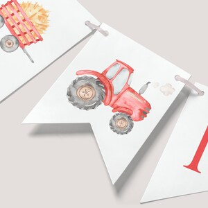 May include: A red tractor with a gray wagon filled with hay. The tractor has a white cab and black wheels. The wagon has a red frame and a gray wheel. The tractor is pulling the wagon. The image is part of a banner with the letter H in red.