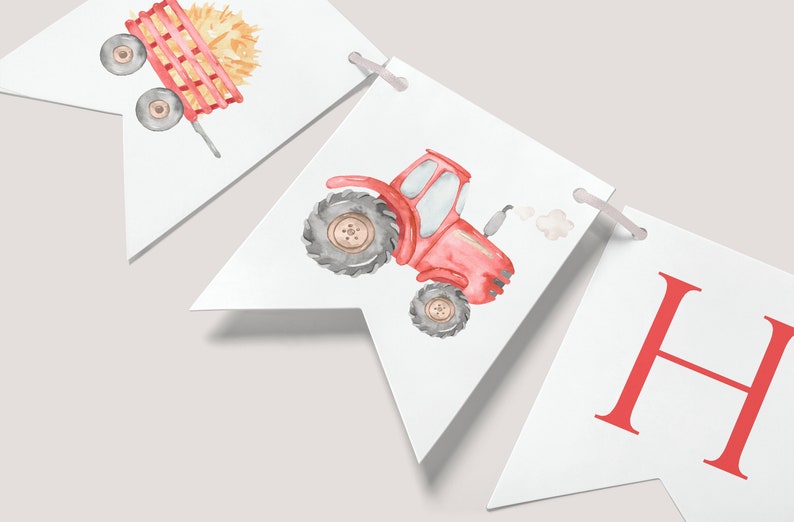 May include: A red tractor with a gray wagon filled with hay. The tractor has a white cab and black wheels. The wagon has a red frame and a gray wheel. The tractor is pulling the wagon. The image is part of a banner with the letter H in red.