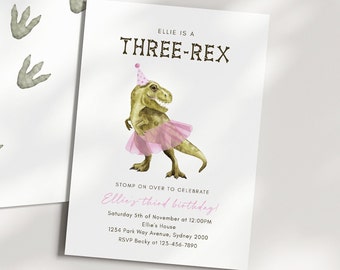 Dinosaur & Tutu Birthday Invitation, Editable Template, Pink Tutu THREE-Rex Party Invite, Girl Dino B&#39;day Invitation, Digital Download