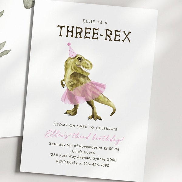 Convite de Aniversário com Dinossauro e Tutu, Modelo Editável, Convite para Festa com Três Rex e Tutu Rosa, Convite de Aniversário de Dinossauro para Menina, Download Digital