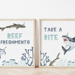 Sharks Party Signs, Editable Template, Take A Bite & Reef Freshments, Under The Sea Birthday Party, Sharks Food Drink Sign, Digital Download