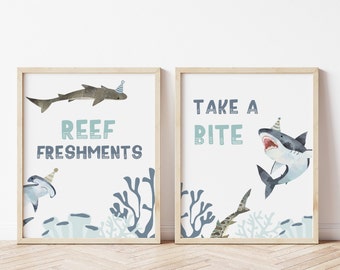 Sharks Party Signs, Editable Template, Take A Bite & Reef Freshments, Under The Sea Birthday Party, Sharks Food Drink Sign, Digital Download