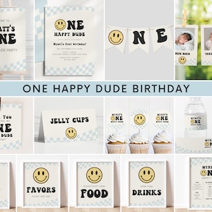 One Happy Dude Birthday Invitation Bundle, Editable Template, Smiley Boy 1st B&#39;day Party Invite & Signs, Retro Happy Dude, Digital Download