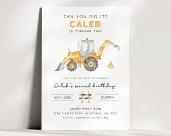 May include: A yellow construction vehicle with a black and yellow construction sign, a yellow cone, and the text "Can you dig it? Caleb is turning two. Come join the crew to celebrate Caleb's second birthday! Nov 23rd 12:00PM Caleb's Party Zone 1234 Diggers Road, Melbourne, VIC 3000 RSVP to Samantha 123-456-7890"