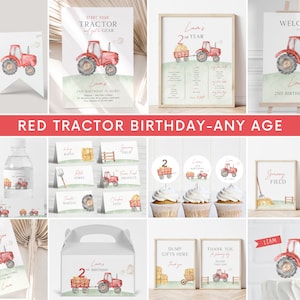 Pode incluir: Conjunto de imprimíveis para festa de aniversário de trator vermelho com design de aquarela. Inclui convites, placa de boas-vindas, toppers para cupcakes, etiquetas para garrafas de água, etiquetas de lembrancinhas, etiquetas de comida e uma caixa de presente. O conjunto apresenta um trator vermelho com uma fardo de feno e o número 2.