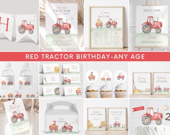 May include: Red tractor birthday party printable set with a watercolor design. Includes invitations, welcome sign, cupcake toppers, water bottle labels, favor tags, food labels, and a gift box. The set features a red tractor with a hay bale and a number 2.