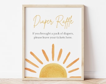 Sunshine Diaper Raffle Sign, Editable Gender Neutral Little Sunshine Shower Diaper Raffle Table Sign, Boho Sun Shower Decor Digital Download