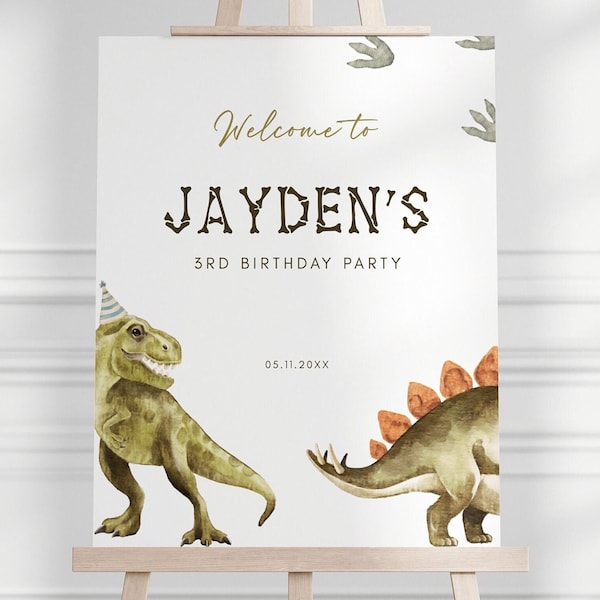 Dinosaur Welcome Sign, Editable Dinosaur Birthday Sign, T-Rex Birthday Welcome Poster, Dinosaur Birthday Party Decoration, Digital Download