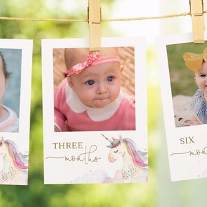 Banner fotográfico de cumpleaños de unicornio de 12 meses, guirnalda mensual editable de unicornio pastel mágico, unicornio minimalista, descarga digital