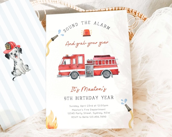 Sound The Alarm Fire Truck Birthday Invitation, Editable Firefighter Invite, Grab Your Gear Fire Truck B'day Party, Digital Download
