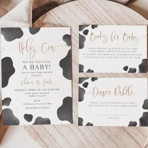Holy Cow Baby Shower Invitation, Editable Template, Cow Themed Baby Shower Invite, Books For Baby & Diaper Raffle Set, Digital Download image 1