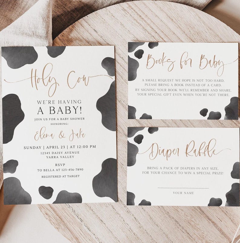 Holy Cow Baby Shower Invitation, Editable Template, Cow Themed Baby Shower Invite, Books For Baby & Diaper Raffle Set, Digital Download image 1