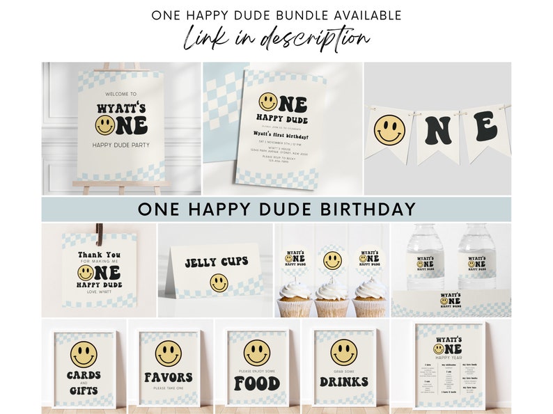May include: A set of printable party decorations for a first birthday party. The decorations feature a smiling face with the text "One Happy Dude". The decorations include a welcome sign, invitation, banner, cupcake toppers, water bottle labels, thank you tags, and signs for food, drinks, favors, and cards and gifts.