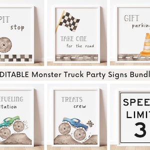 Editable Monster Truck Party Signs Bundle, Monster Truck Birthday Food Drink Signs, Blue Green Truck Favors Gifts Decor, Digital Download