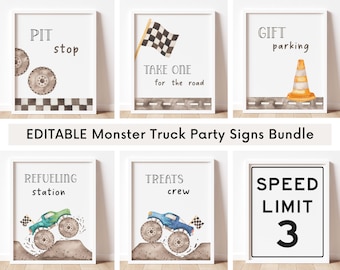 Paquete de letreros editables para fiesta de Monster Truck, letreros de comida y bebida para cumpleaños de Monster Truck, decoración de regalos y recuerdos de camión azul y verde, descarga digital