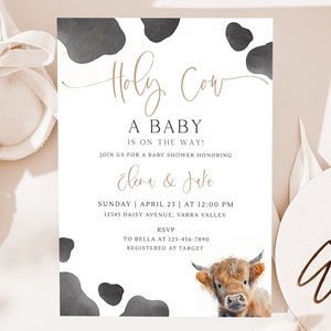 Holy Cow, um bebê está a caminho convite para chá de bebê, modelo editável, convite para festa de chá de bebê com tema de vaca minimalista, download digital