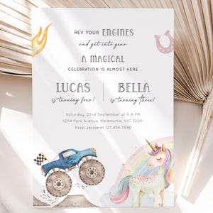 Monster Truck & Unicorn Birthday Invitation, Editable Unicorn Rainbow Race Truck Joint Party, Unicorn Monster Truck Invite, Digital Download