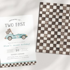 May include: A blue and white race car illustration with a checkered flag on top. The text "GROWING UP TWO FAST" is at the top of the invitation. The text "Oliver's second birthday!" is below the car. The invitation also includes the date and time of the party, the location, and RSVP information.