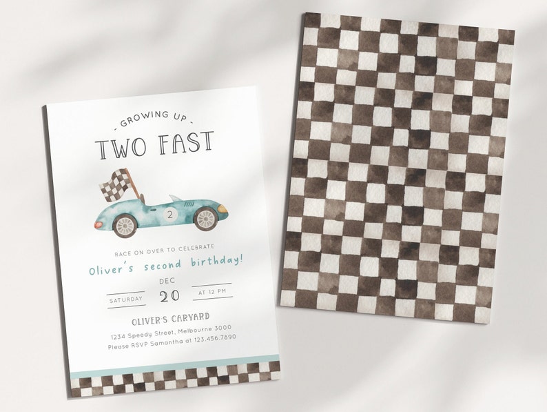 May include: A blue and white race car illustration with a checkered flag on top. The text "GROWING UP TWO FAST" is at the top of the invitation. The text "Oliver's second birthday!" is below the car. The invitation also includes the date and time of the party, the location, and RSVP information.