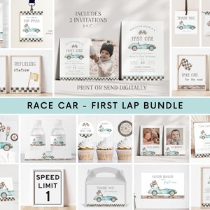 Raceauto 1e verjaardagsuitnodigingbundel, bewerkbare sjabloon, snelle EEN Raceautofeestuitnodiging & Decorpakket, Jongen Blauwe Vintage Auto Eerste B'day