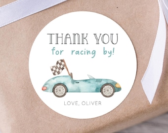 Adesivo modificabile per compleanno da corsa, modello di etichette di ringraziamento per festa in auto, compleanno con auto blu vintage, adesivo TWO Fast Favors, download digitale
