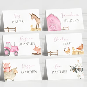 Tentes roses de nourriture d'animaux de ferme, étiquettes de nourriture d'anniversaire de basse-cour de fille modifiables, décoration de Table de fête minimaliste d'animaux de ferme, téléchargement numérique