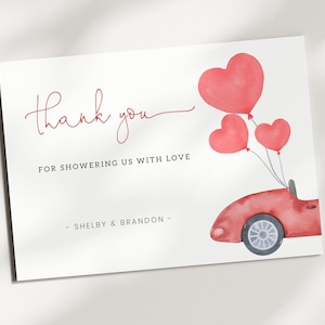 Sweetheart Baby Shower Danke Karte, bearbeitbare Vorlage, Rote Rennauto und Liebe Herzen Ballon Baby Shower Danke Notiz, Digitaler Download