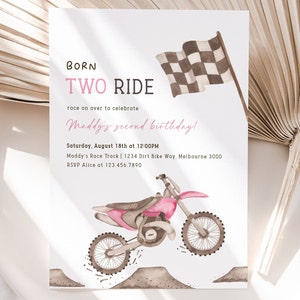 Pink Dirt Bike 2nd Birthday Invitation, Editable Template, Girl Born TWO Ride Dirt Bike B&#39;day Invite, Racing Bike Party, Digital Download