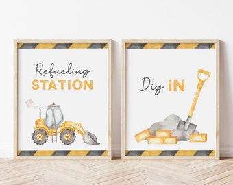 Construction Birthday Signs, Dig In & Refueling Station, Editable Construction Truck Party Decor, Food + Drink Table Signs, Digital Download