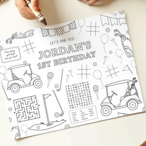 Editable Golf Birthday Activity & Coloring Page, Let's Par-Tee Golf B'day Placemat, Hole In One Party Printable Kids Games, Digital Download