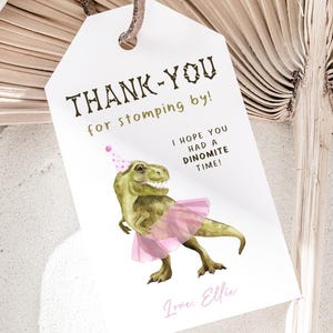 Dino & Tutu Dankeschön Tag, bearbeitbare Vorlage, Mädchen Dinosaurier Geburtstag Party Favors Tag, Mädchen drei Rex rosa Tutu Geschenkanhänger, digitaler Download