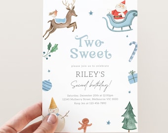 Two Sweet Christmas Birthday Invitation, Editable Boy Blue 2nd B'day Christmas Invite, Two Sweet Christmas Party Invite, Digital Download